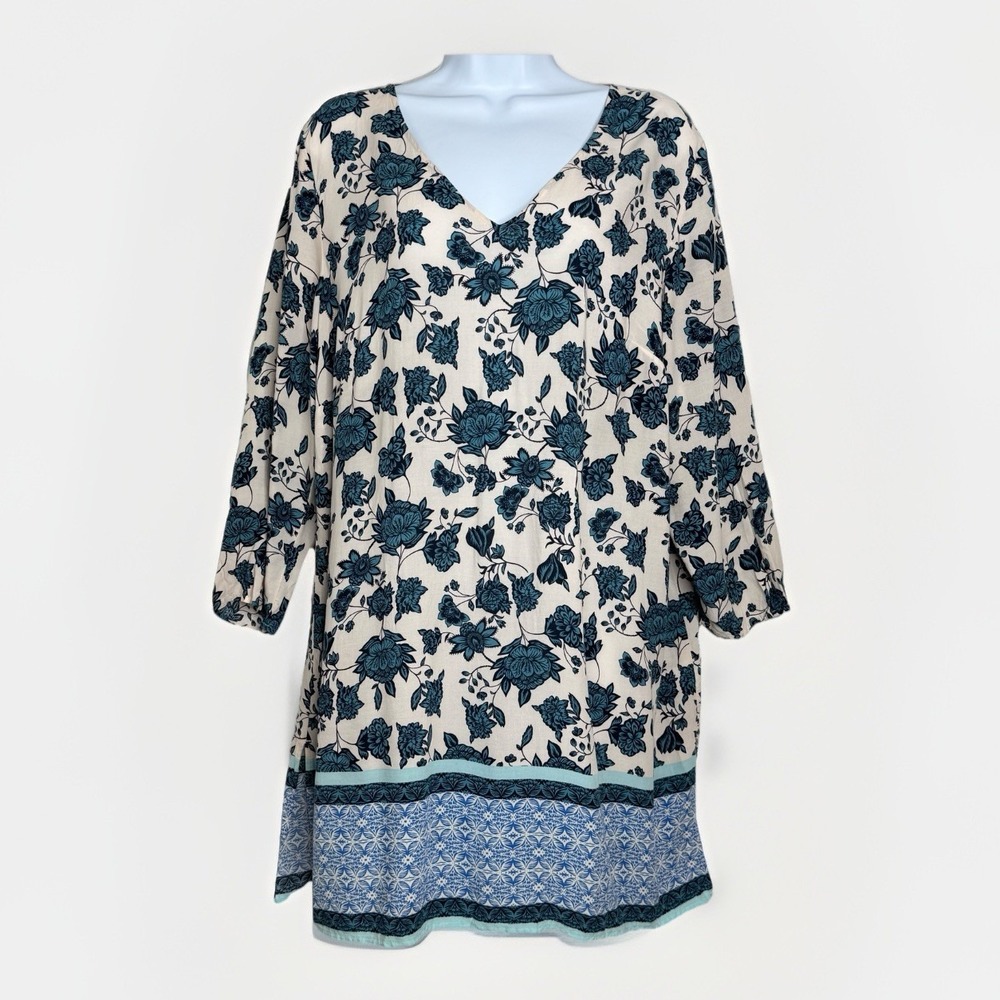 J Jill Floral Tunic Top Large Blue Cream Rayon 3/4 Sleeve Boho Flowy Lightweight